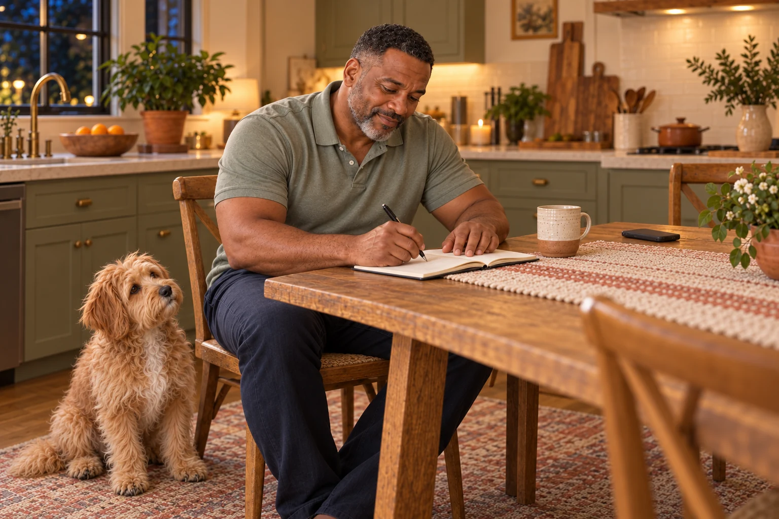 Marcus writes in a paper notebook at the kitchen table in the evening while Teddy sits beside his chair.