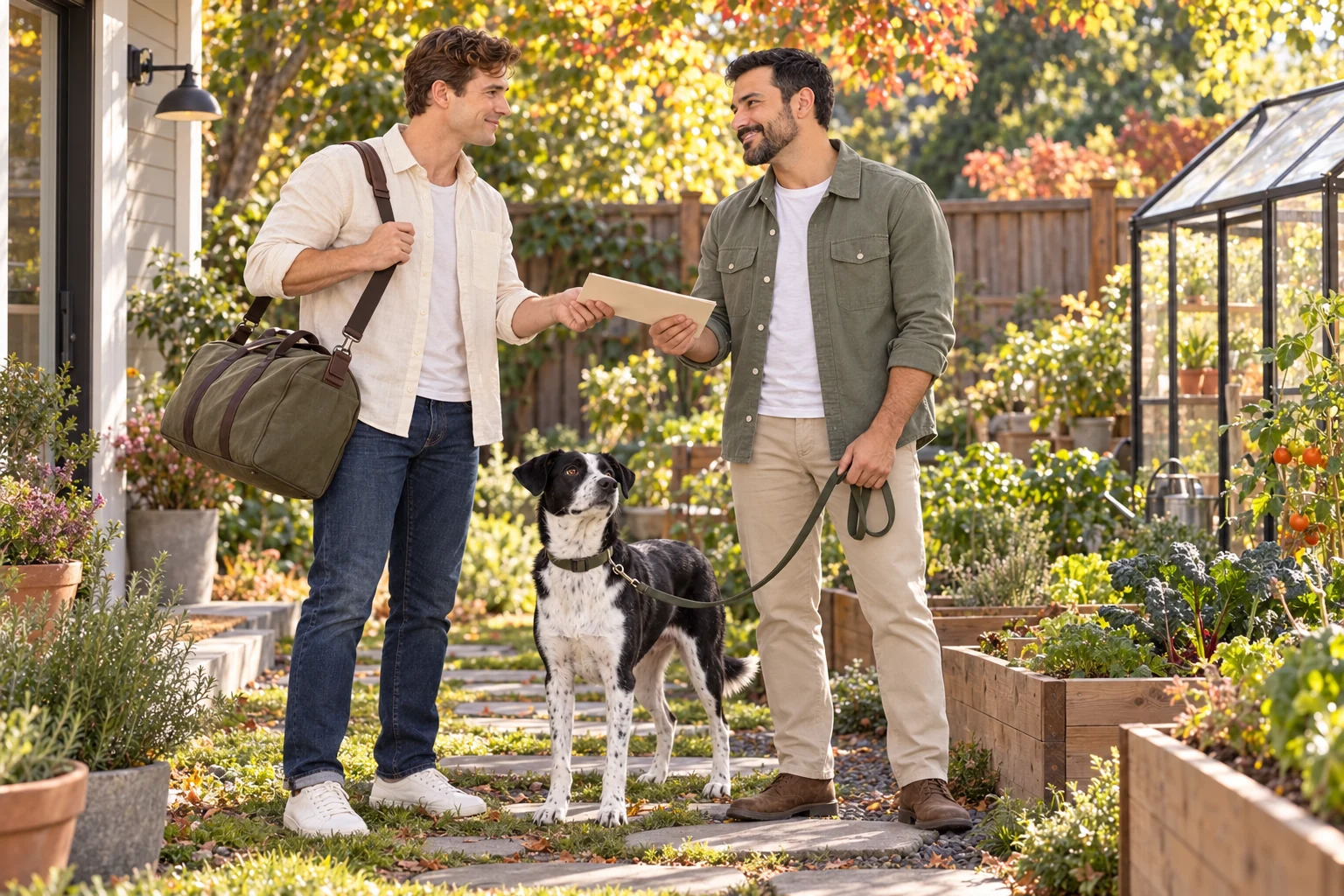 Oliver with a travel bag hands Adrian a slim folder in their Seattle backyard while Scout stands beside them on a leash.