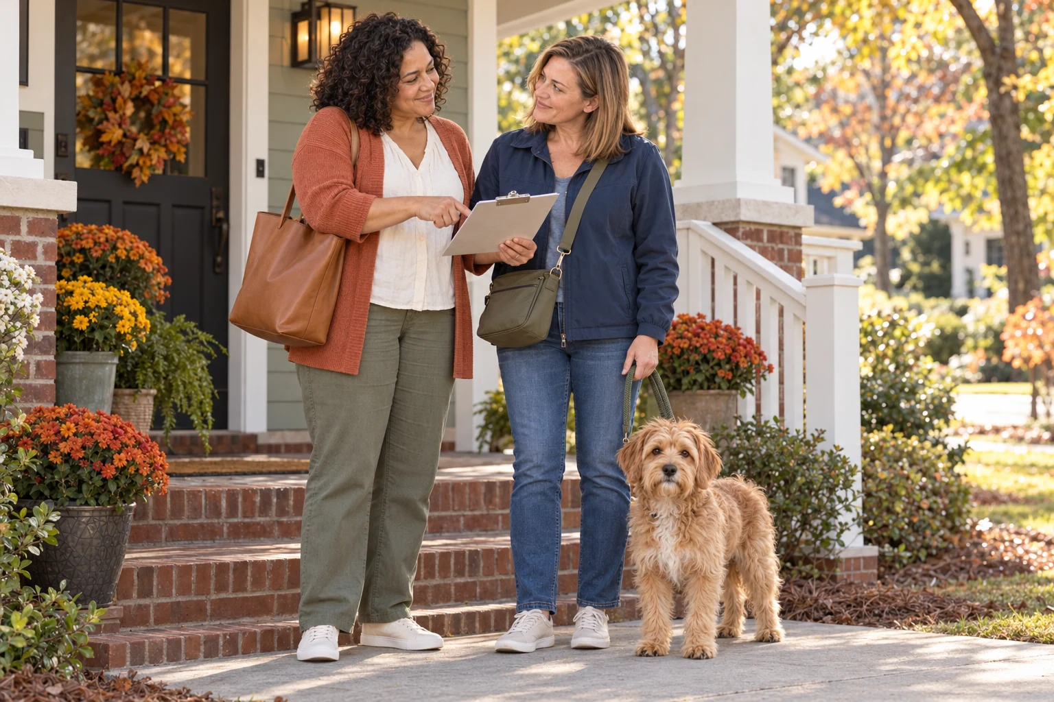 Nina and Claire review a clipboard outside a Craftsman house, with Teddy on a slack leash beside Claire.