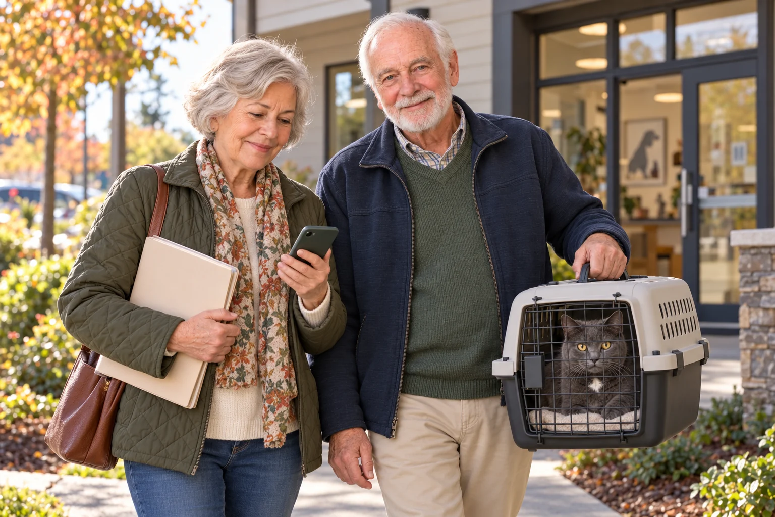 Helen and Robert arrive at a veterinary practice with Felix safely in his carrier.