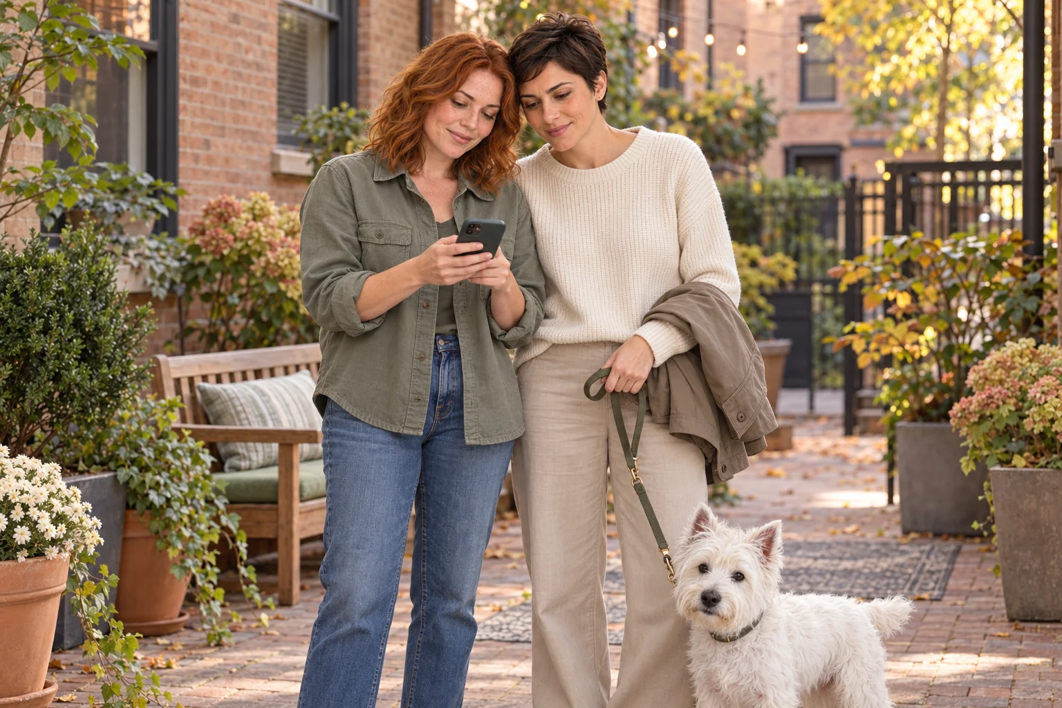 Sophie and Alex look at the same phone in their apartment courtyard after a walk, with Alfie on a loose leash beside them.