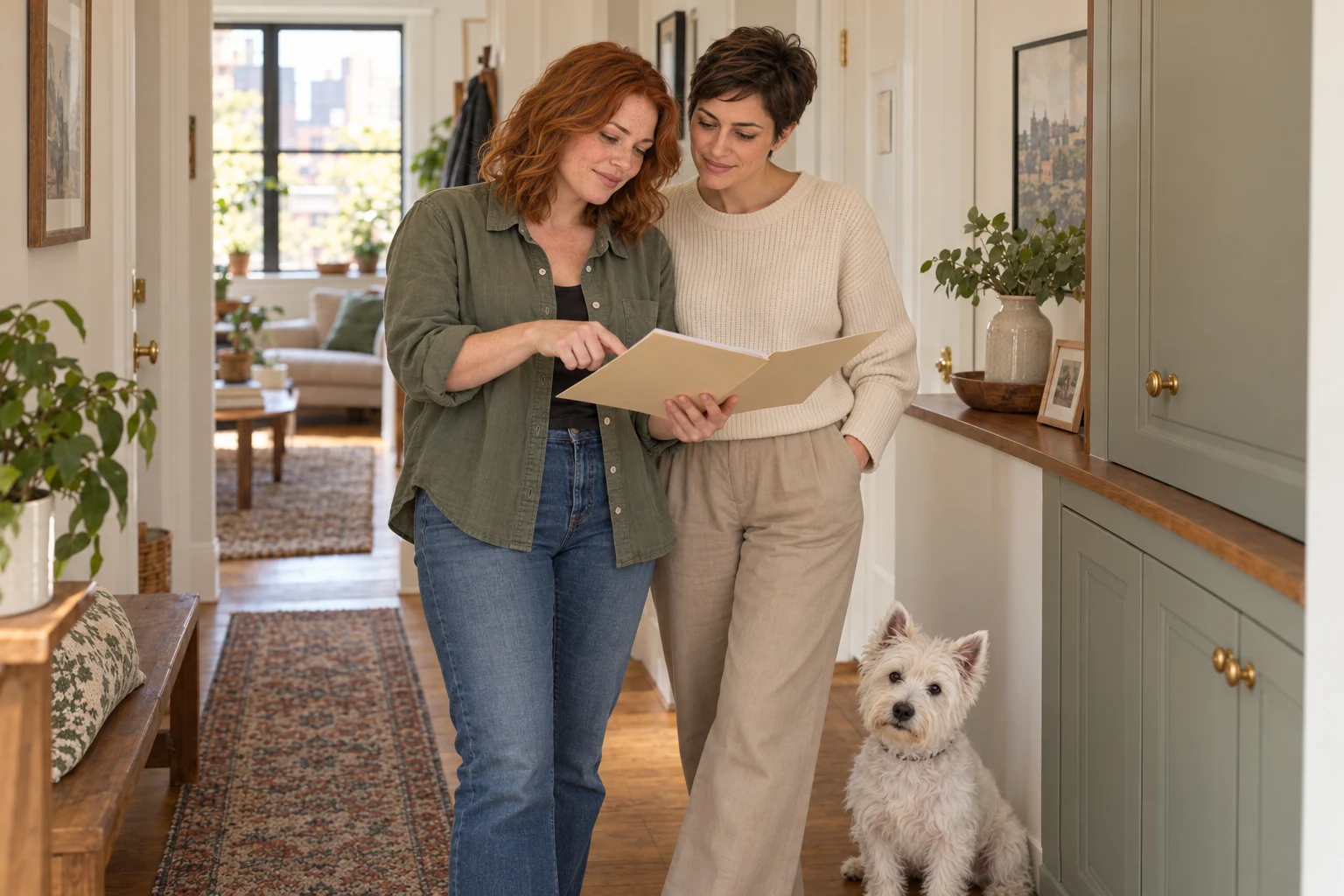 Sophie and Alex check a written plan beside a closed cabinet while Alfie sits nearby.