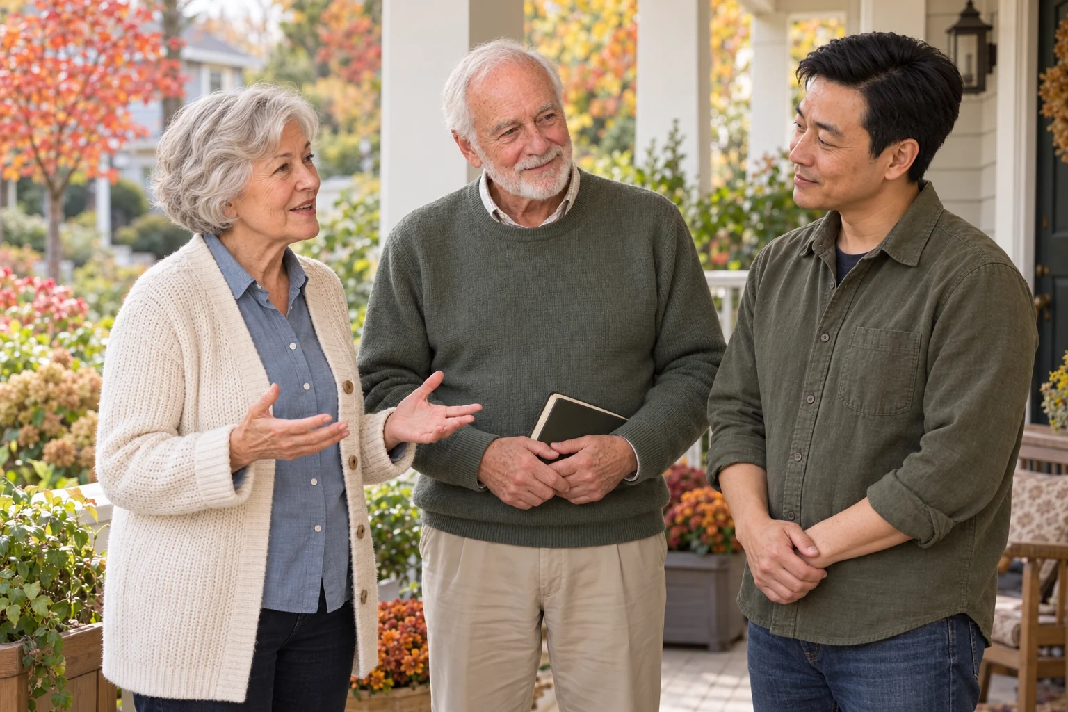 Helen and Robert discuss a future booking with Wei on their porch.
