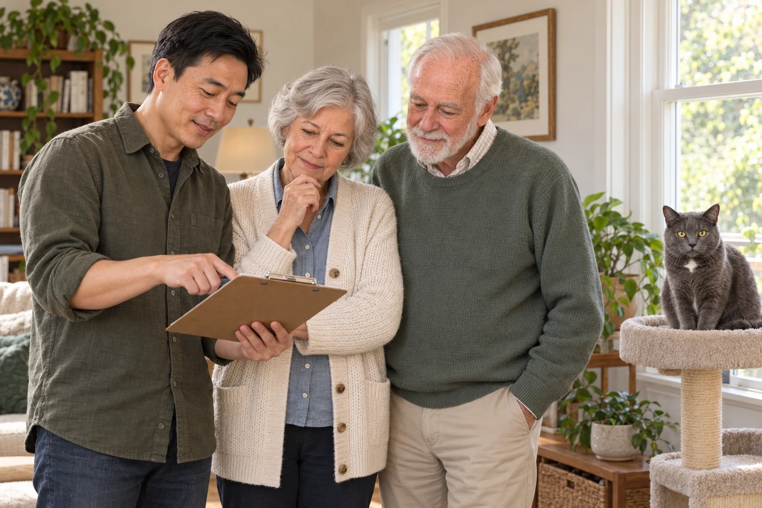 Wei discusses a sample record on a clipboard with Helen and Robert while Felix sits on a separate cat perch beside the closed window.