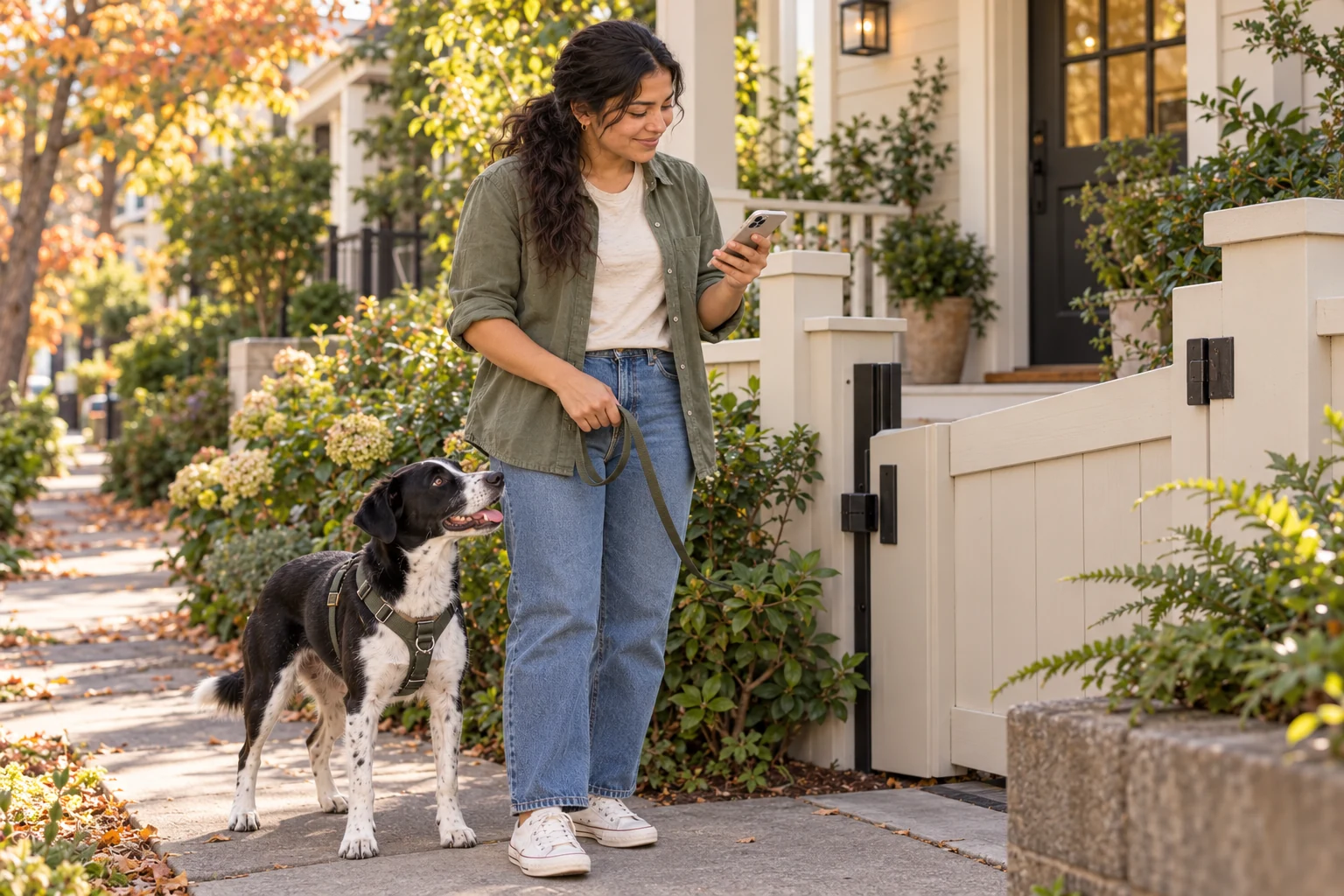 Lucia pauses outside the townhouse gate to read a message on her phone, with Scout beside her on a loose leash.