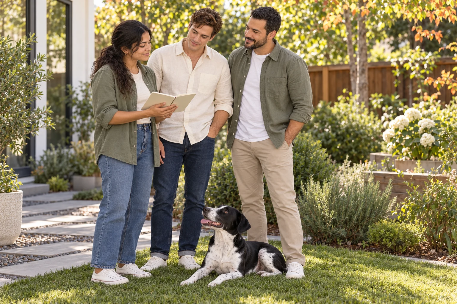 Lucia holds an open notebook while Oliver and Adrian review the plan with her in their backyard, with Scout resting on the grass.
