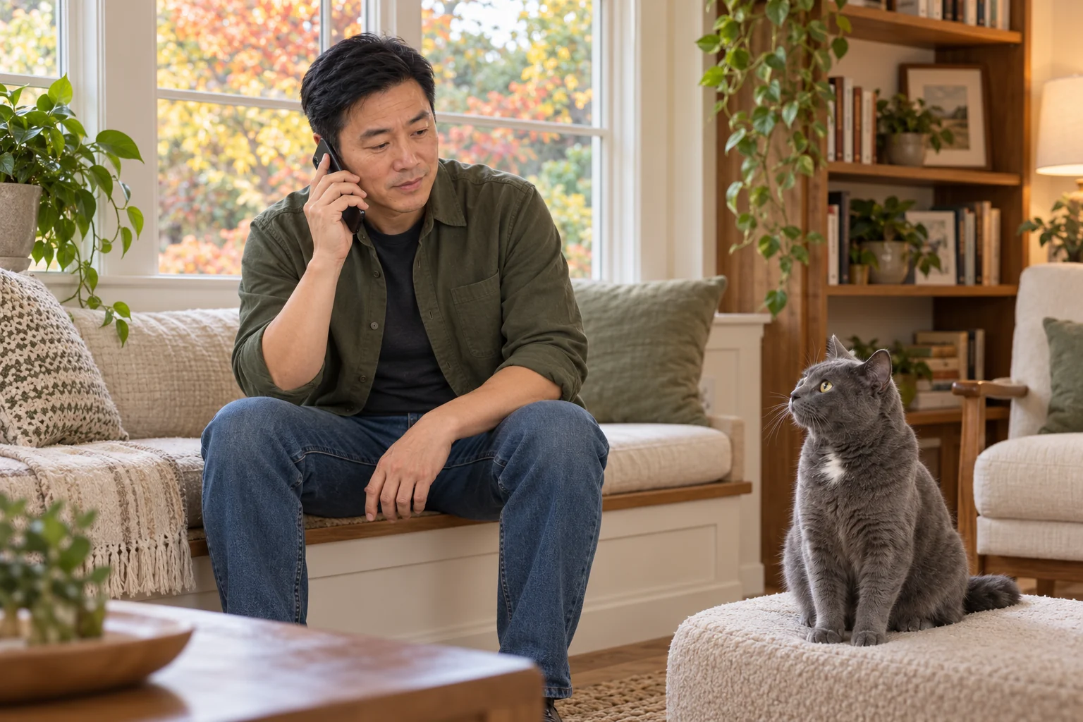 Wei calls the owner from a window bench while Felix sits on a separate low perch nearby, with space between them.
