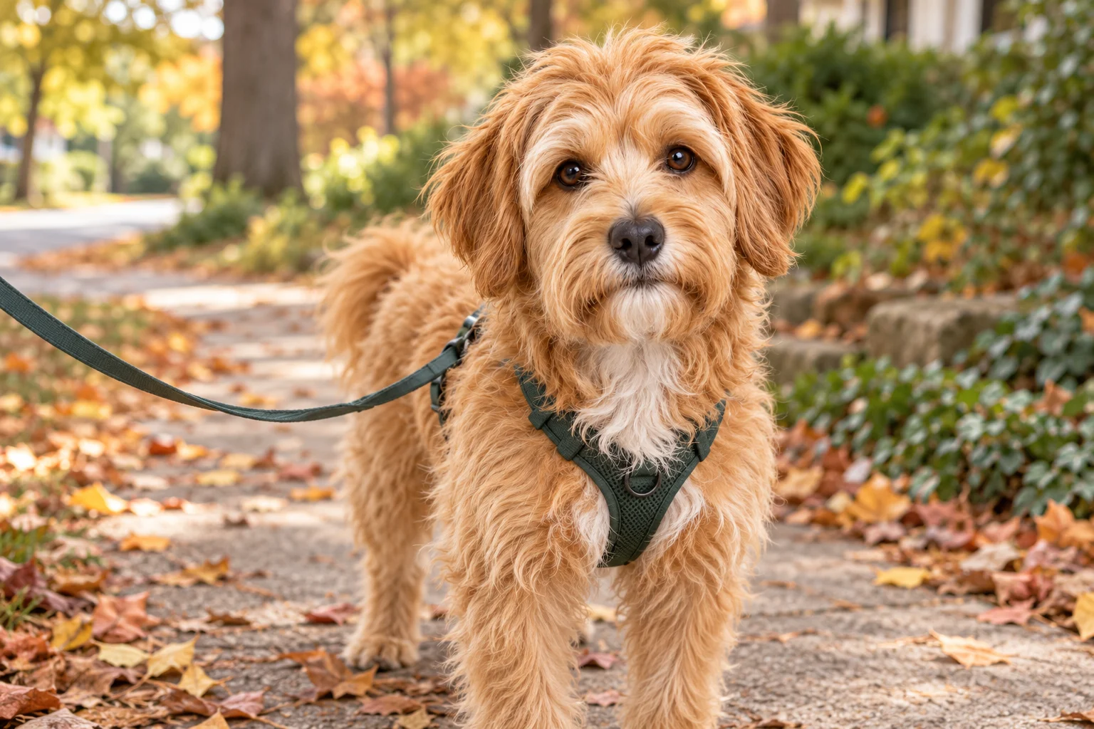 Teddy, a small shaggy golden dog in a green harness, on an autumn neighborhood walk.