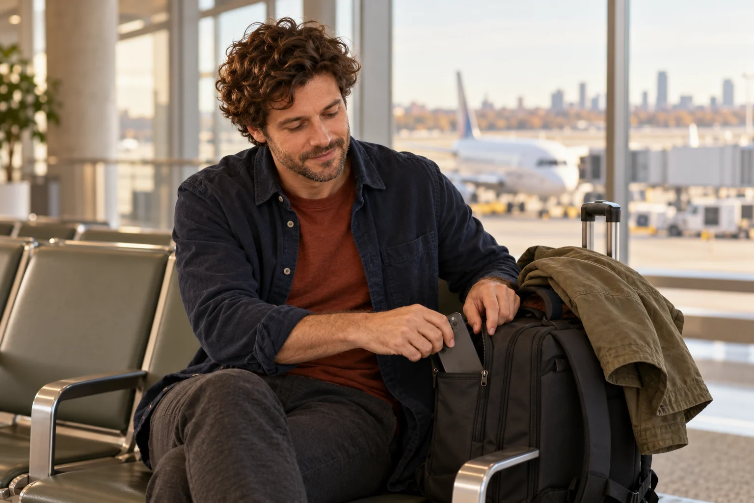 Daniel puts his phone into a travel bag at an airport gate before a flight.