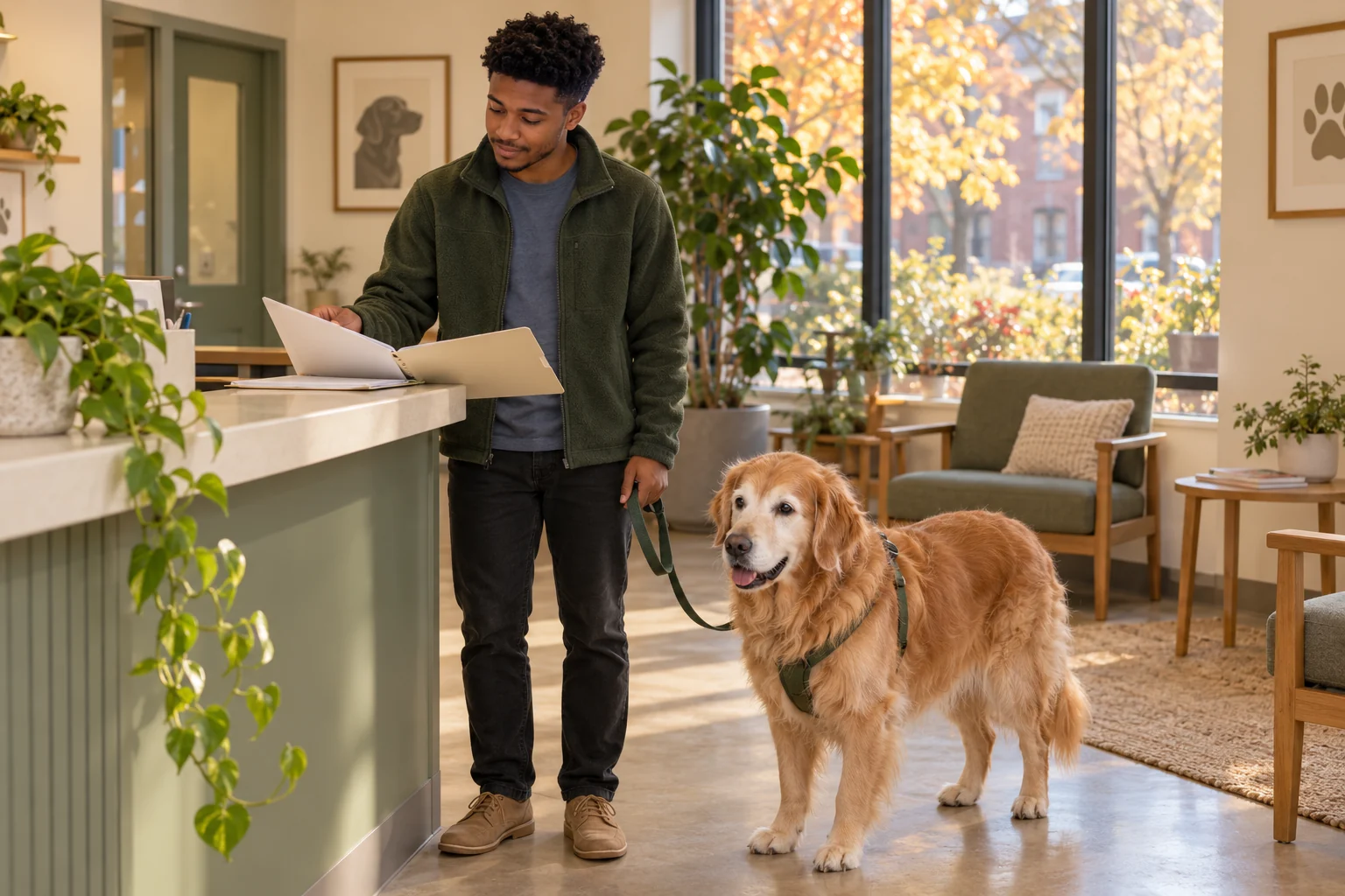 Jordan checks a paper folder at a veterinary reception counter with Milo beside him on a loose leash.