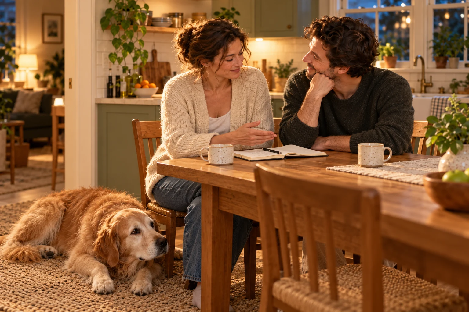 Emma and Daniel sit together at their kitchen table in the evening, talking over an open notebook while Milo rests beside them.