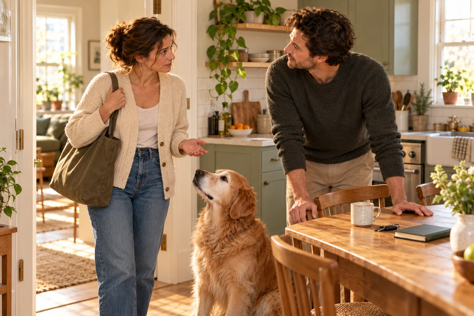 Emma and Daniel pause in their kitchen with Milo between them.